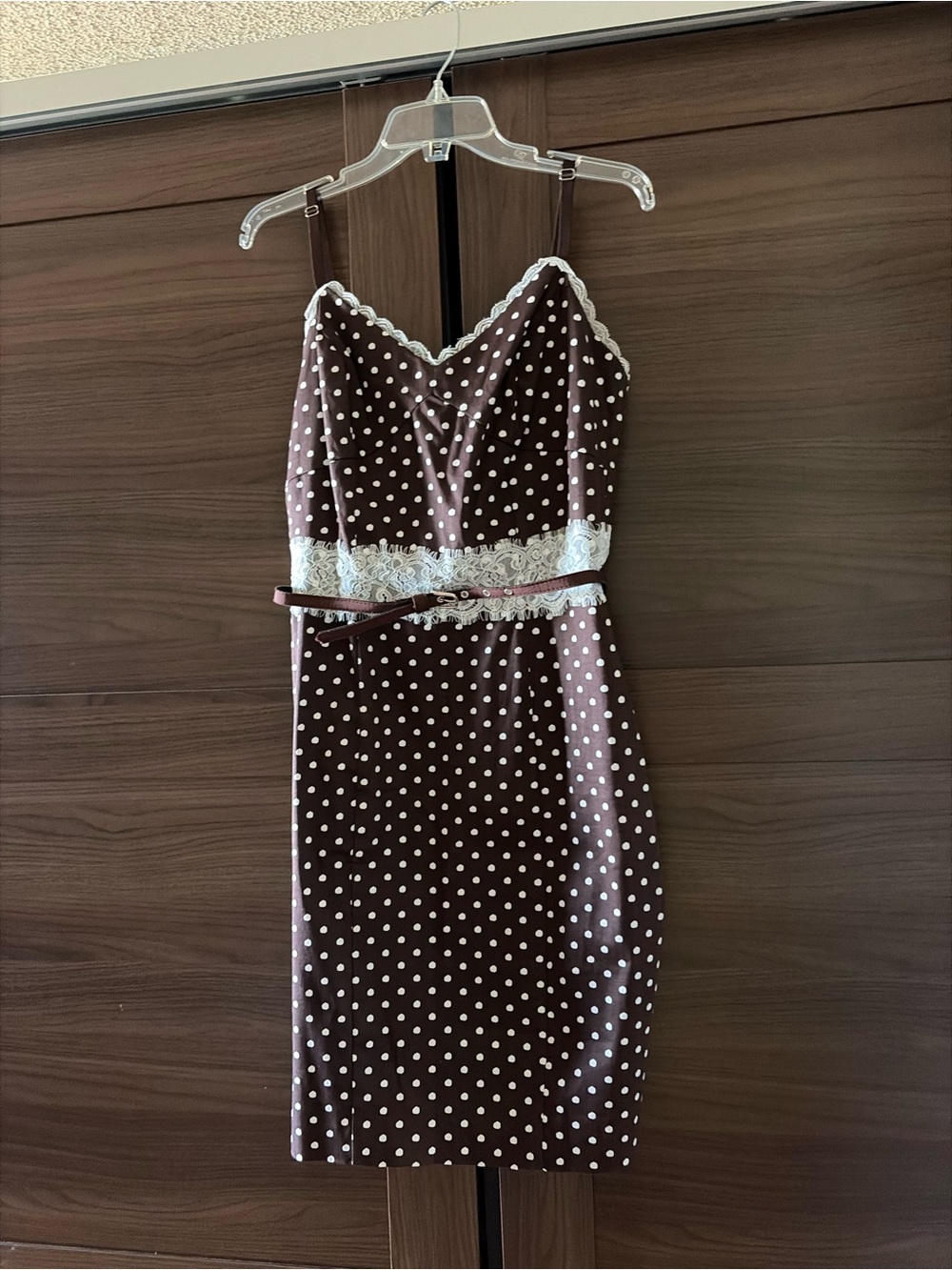 Just...Taylor Brown and White Polka Dot Lace-Trim Midi Dress